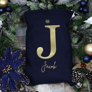 Personalised Santa Sack, Christmas sack, Christmas Eve box, Letter, Navy, Gold, Christmas gift for her, gift for him, Navy santa sack image 2