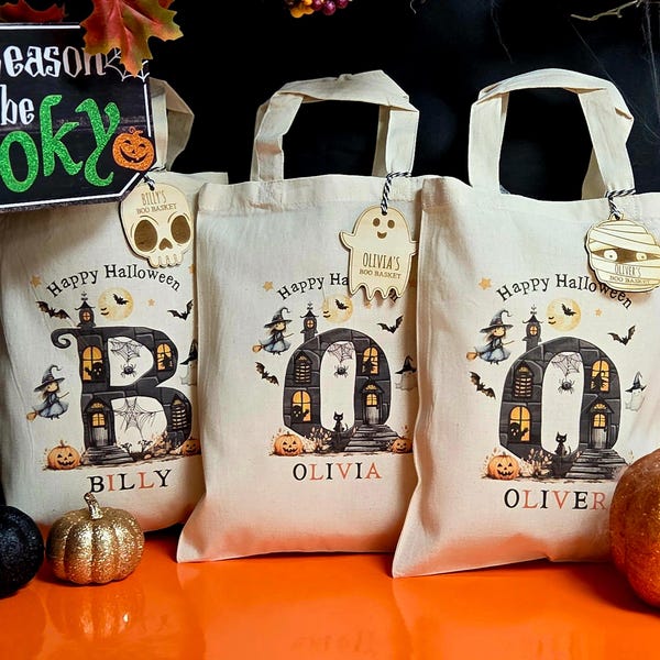 Trick or Treat gift bag | Personalised Halloween tote | kids candy bucket | engraved wood boo basket tags