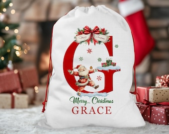 Santa sack for kids and children add name initial | personalised Christmas present bag |  custom Xmas stocking for gifts