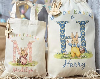 Personalised Easter gift bag for children | large initial letter | goody basket for egg hunt | custom wooden bunny tag | Easter rabbit decor