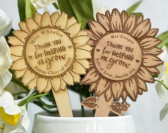 Teacher thank you gift, helping me grow present, wooden flower pot label, personalised school leavers idea, custom wood plant sign tag