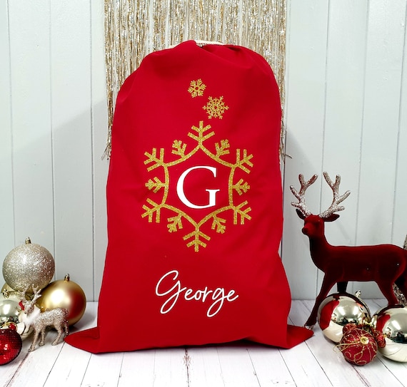 Personalised Santa Sack, Christmas sack, Christmas stocking, Christmas Eve box, Snowflake, Gold Glitter, Red, gift for her, gift for him