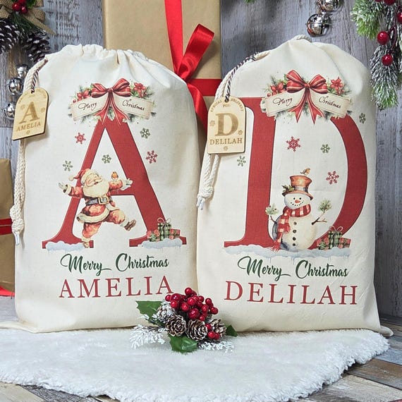 Personalised Santa Sack for kids X-Large | Christmas eve present bag for children | Laser engraved wooden gift tag | Xmas stocking