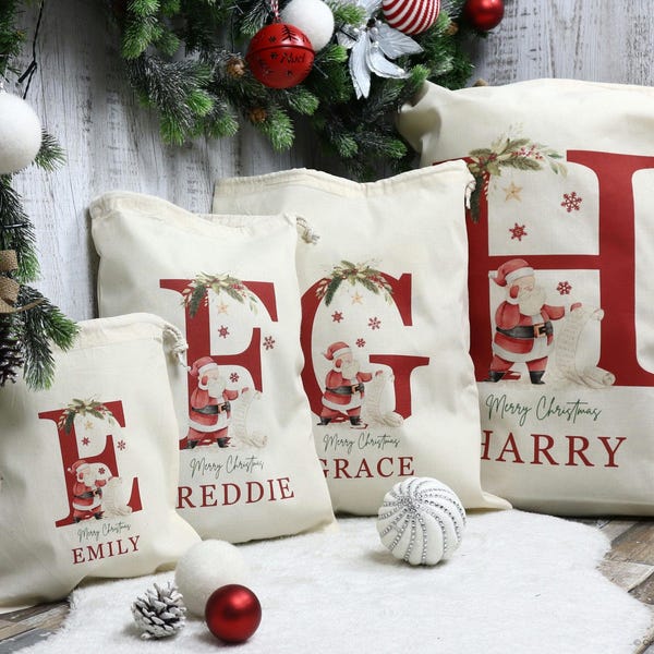 Personalised santa sacks, Christmas stocking, Christmas sacks, wooden name tag & Initial, Christmas eve gift bag, add name large letter