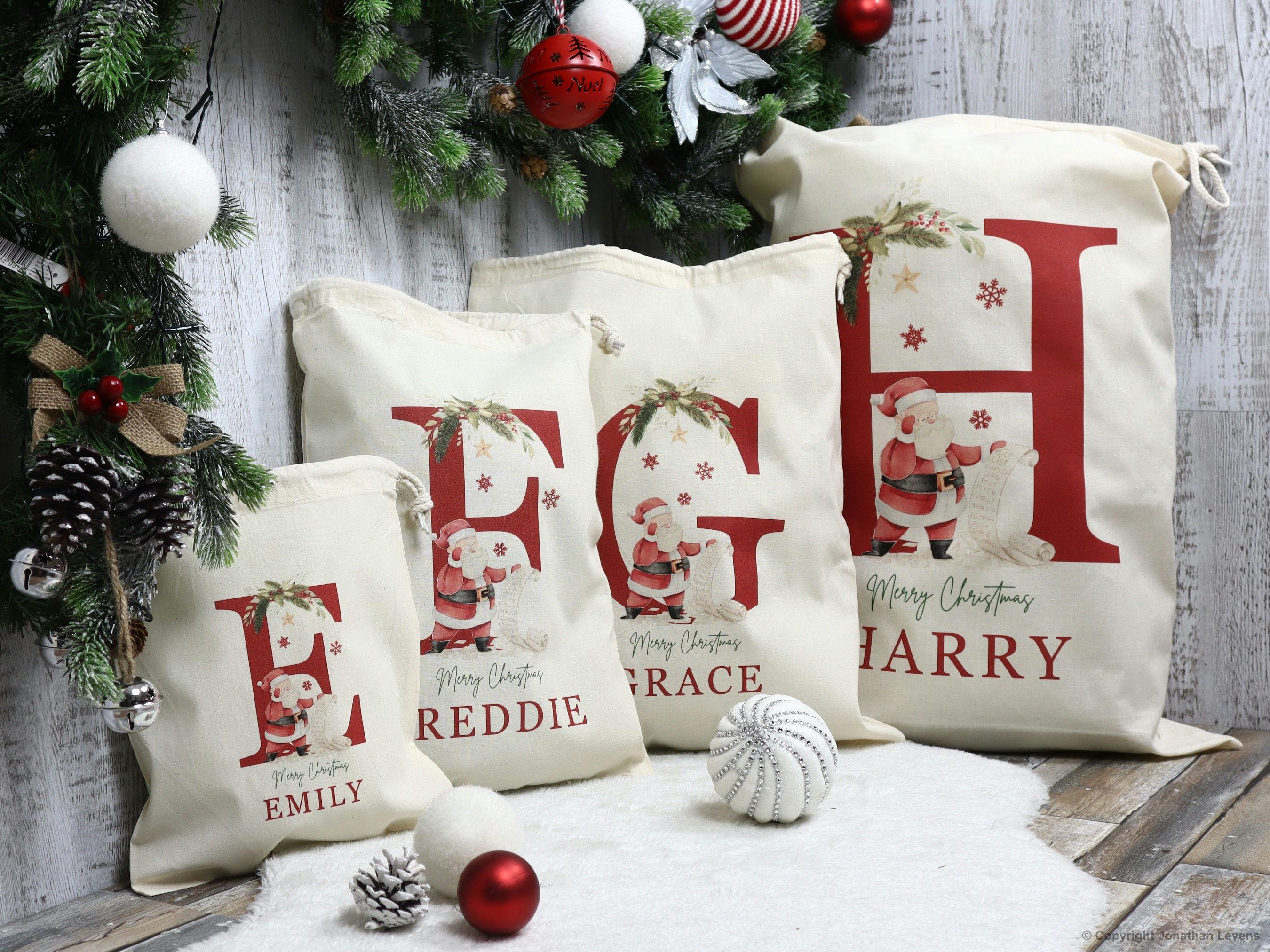 Personalised Santa Sack, Christmas Sacks, Christmas eve bag, Wooden name tag & Initial, Christmas Gift Bag, Xmas stocking, large letter