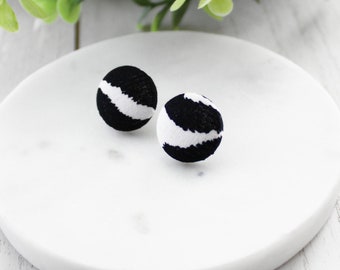 Zebra Print Fabric Button Earrings |Black Earrings | Black and White Earrings| Clip On Earrings or Studs | Minimalist Studs | Swirl Earrings