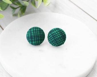 Green and Blue Fabric Button Earrings | Green Earrings| Clip On Earrings| Stud Earrings | Minimalist Jewelry | Crosshatch Earrings