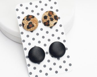 Black Faux Leather Button Earrings Set | |Multi Pack | Black Earrings  | Leopard Earrings | Cheetah Earrings | Studs  Clip On| Gifts for Mom