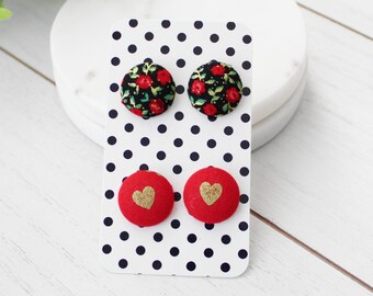 Valentines Earrings Set| Red and Black Flower Fabric Button Earrings | Red Gold Heart Earrings | Nickel Free| Galentines Gifts