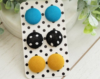 Black Polka Dot Button Earrings |Button Earrings Set| Multi Pack| Retro Button Earrings |Yellow Earrings| Teal Earrings|  Clip Ons | Studs