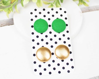 Green Button Earrings Set | |Multi Pack | Gold Faux Leather Button Earrings| Button Earrings Set  | Studs | Clip Ons  | Mothers Day Gifts