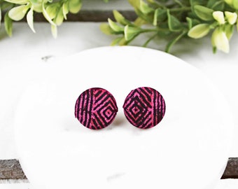 Button Earrings, Pink Earrings-Pink Black Earrings-Tribal Earrings-80s Style Earrings-Funky Print Earrings-Stocking Stuffers-Nickel Free