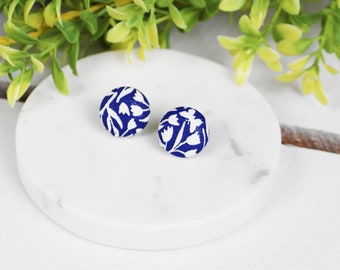 Blue and White Flowers Fabric Button Earrings | Cobalt Blue Earrings| Clip Ons or Studs | Spring Earrings | Statement Earrings |Cottage Core