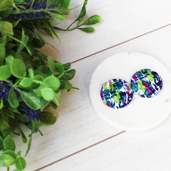 Purple Abstract Fabric Button Earrings | Color Me BOLD Extra Large Earrings| Clip On Earrings or Studs |Statement Earrings |Mom Gifts