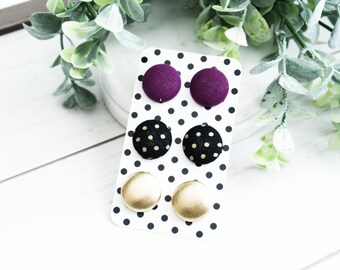 Black Button Earrings-Purple Earrings-Gold Faux Leather Studs-Polka Dot Button Earrings-Fall Autumn Earrings-Clip On Earrings-Nickel Free