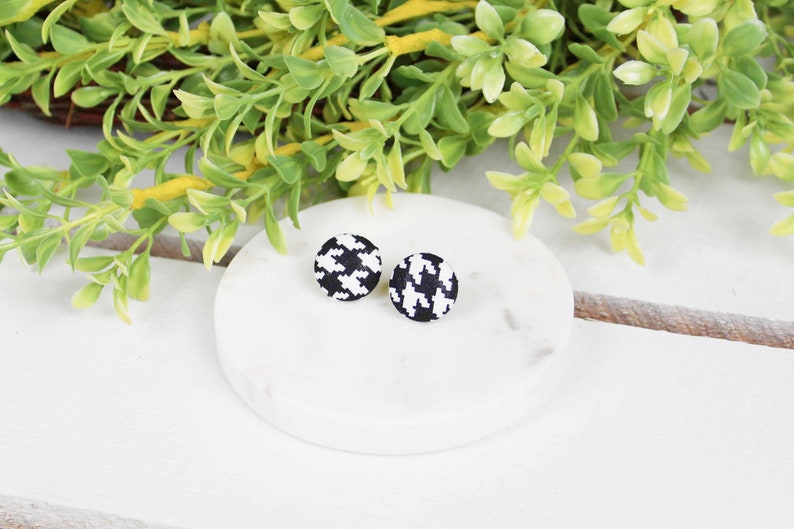 Black White Houndstooth Button Earrings Minimalist Earrings Clip Ons Earrings or Studs Christmas Stocking Stuffer Gifts image 1