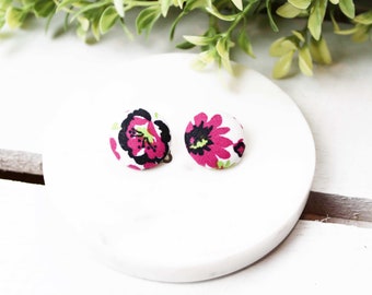Pink Fabric Button Earrings, Flower Earrings, Pink Earrings, Flower Jewelry, Cottage Core Jewelry, Clip Ons, Studs, Nickel Free Earrings
