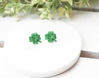 Green Glitter Shamrock Button Earrings | Four Leaf Clover Earrings | St Patricks Day| Irish Pride | Nickel Free