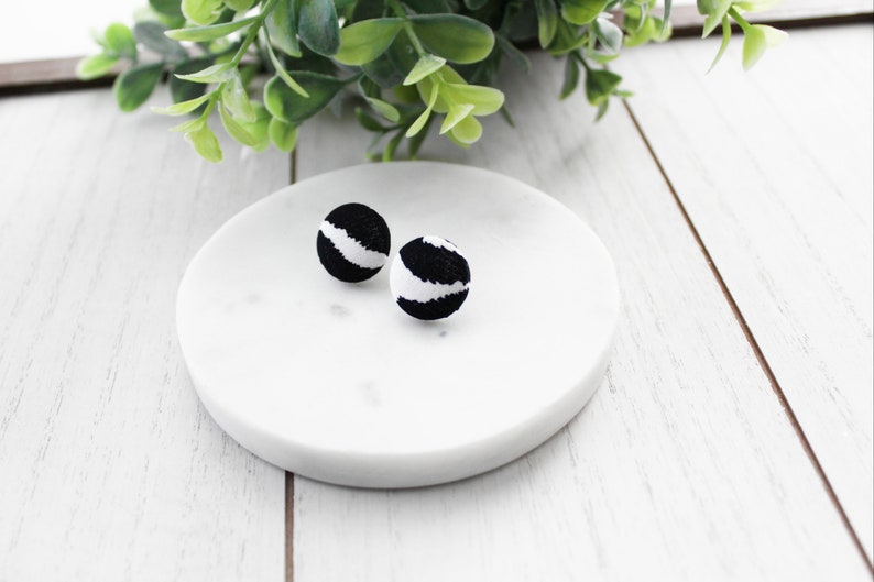 Black and White Earrings| Clip On Earrings or Studs Swirl Earrings Minimalist Studs Zebra Print Fabric Button Earrings |Black Earrings