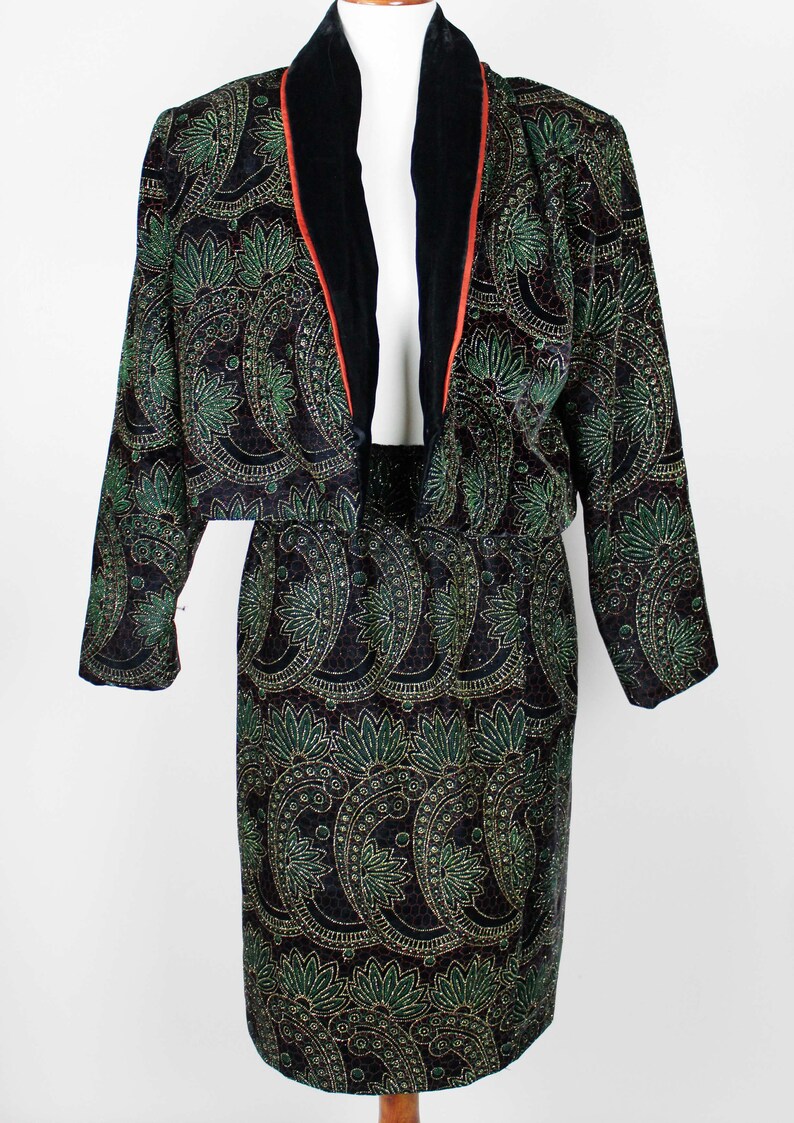 Vintage Evening Wear Black Velvet Glitter Suit Velvet Bolero Jacket 80s Vintage Black Velvet Pencil Skirt Vintage Velvet Suit