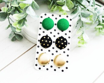 Black Button Earrings-Green Earrings-Gold Faux Leather Studs-Polka Dot Button Earrings-Fall Autumn Earrings-Clip On Earrings-Nickel Free