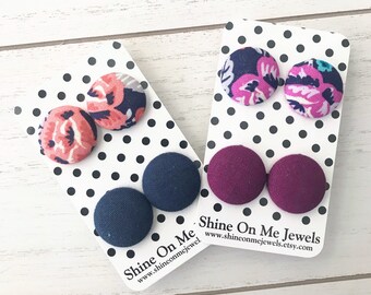 Button Earrings Set| Multi Pack| Flower Earrings | Navy Blue Earrings | Plum Purple Earrings |Studs | Clip Ons  | Summer Spring Earrings