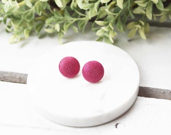 Hot Pink Fabric Covered Button Earrings, Metallic Earrings, Bubble Gum Pink, Clip Ons, Studs, Minimalist Earrings, Breast Cancer Awareness
