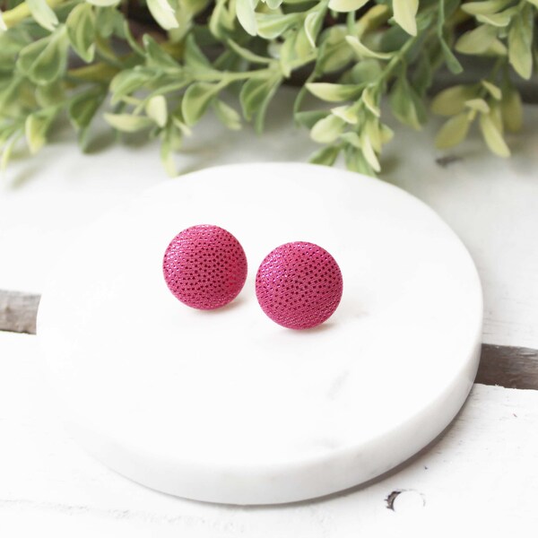 Hot Pink Fabric Covered Button Earrings, Metallic Earrings, Bubble Gum Pink, Clip Ons, Studs, Minimalist Earrings, Breast Cancer Awareness