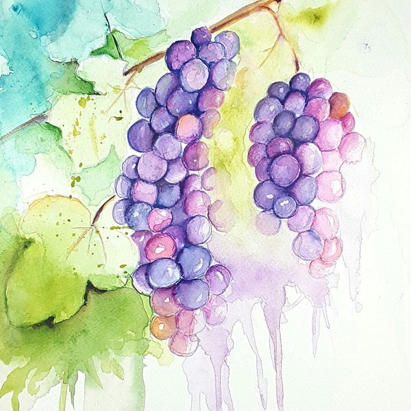 Raisins et feuilles aquarelle peinture raisins violets art original art mural cuisine fruits aquarelle nature morte pamplemousse photo art raisins