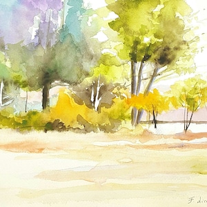 Acquerello paesaggio tradizionale con alberi colorati, immagine autunnale, copia d'autore, acquerello paesaggio alberi, paesaggio campagna.
