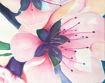 Cherry blossoms watercolor original painting, japanese flowers wall art, bedroom art floral, wedding gift flower painting, pink flowers art.