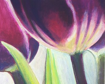 Tulipani viola,rosa,Dipinto originale,pezzo unico, arte contemporanea, acrilico su carta,idea regalo, camera da letto.