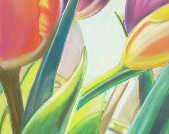 Pittura pastello di tulipani, disegno originale di tulipano arancione e viola, decorazione murale della camera da letto con pittura floreale, tulipano con foglie, arte della parete di tulipani