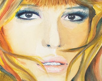 Monica Vitti portrait, italian actress painting, original watercolor art, celebrity art movies art, female portraiture, actress watercolor.