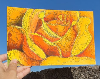 Peinture abstraite rose, art abstrait orange, petite fleur, peinture abstraite, aquarelle et peinture à l'encre, techniques mixtes, art mural floral, rose orange