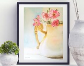 Jar pink flowers painting, original watercolor still life painting, floral watercolor, ceramic vase flowers art, bedrooom decor wall art.