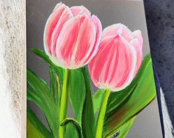 Pink tulip original painting pastel art soft pastel on paper floral painting flower drawing bedroom wall art pink and white tulip wall art.