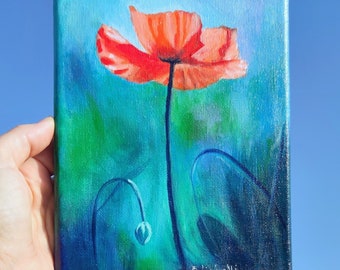 Poppy painting tiny acrylic on canvas original floral painting bedroom wall art poppy illustration 15x20 cm small painting flower wall art.