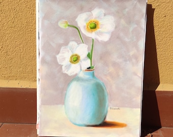 Floral still life soft pastel drawing white flower painting blue vase with flower soft pastel on velvet paper 24x32 cm original still life.