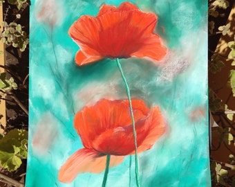 Poppy painting poppy drawing soft pastel on paper original floral painting poppy field drawing bedroom wall art painting of red flower art.