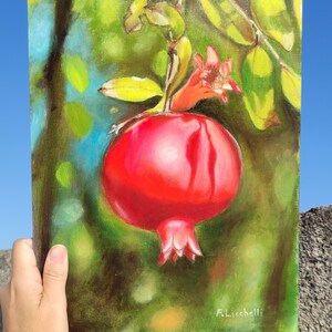 Dipinto ad olio originale Melograno su ramo dipinto Arte botanica realistica Olio su tela Carta 24 x 32 cm Un'opera d'arte unica nel suo genere raffigurante un albero di melograno