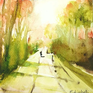 Viale alberato piccolo acquerello formato quadrato, copia d'autore, dipinto paesaggio con alberi, paesaggio verde e rosso, quadro soggiorno.