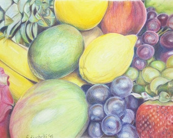Fruits pencils drawing, colored pencils on velvet paper, still life painting, kitchen decoration wall art, different fruits wall decor.
