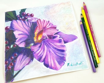 Orchid drawing orchid flower drawing original colored pencil drawing orchid single flower purple orchid floral drawing bedroom wall art