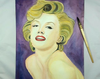 Marilyn Monroe watercolor original celebrity art, portrait of actress Hollywood star, famous actress painting wall art, diva watercolor art.
