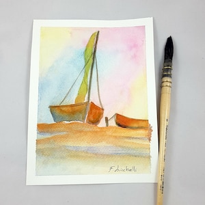 Acquerello barca a vela al tramonto, piccolo quadro con barca, copia d'autore, acquerello colori pastello, decorazione cameretta ragazzi.