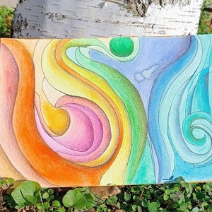 Acquerello astratto, inchiostro, tecnica mista originale su carta Magnani, dipinto moderno con vortice arcobaleno, 26 x 18 cm, disegno artistico colorato unico nel suo genere