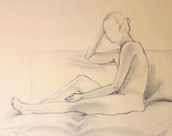 Nudeart woman sitting sofa, pencil drawing sketch from life original drawing, pencil sketch nudeart erotica, artistic sketch from model art.
