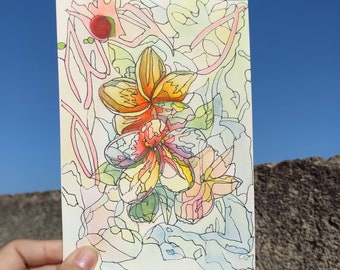 Peinture florale abstraite, art abstrait de frangipanier, petite fleur, peinture abstraite, aquarelle et peinture à l'encre, technique mixte, art mural plumeria alba