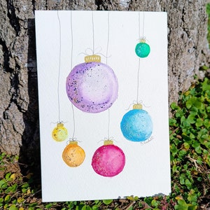 Kerstversiering aquarel mini origineel vakantie schilderij 18 x 12,5 cm glitterballen muurkunst uniek feestelijk cadeau wenskaart kunst